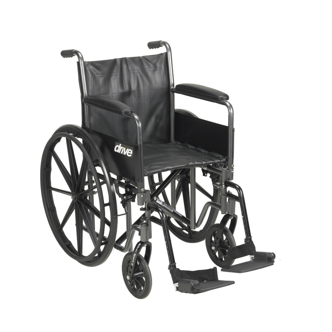 A Drive Medical Silver Sport 2 Wheelchair in black, featuring large rear wheels, smaller front wheels, footrests, armrests, and a drive logo on the backrest. The wheelchair is empty and set against a white background.