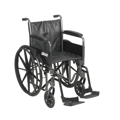 A Drive Medical Silver Sport 2 Wheelchair in black, featuring large rear wheels, smaller front wheels, footrests, armrests, and a drive logo on the backrest. The wheelchair is empty and set against a white background.