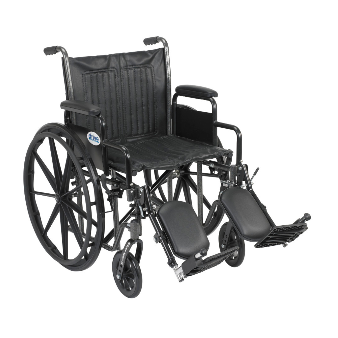 The Drive Medical Silver Sport 2 Wheelchair in black features a padded seat and backrest, large rear wheels, small front wheels, armrests, and elevated footrests.