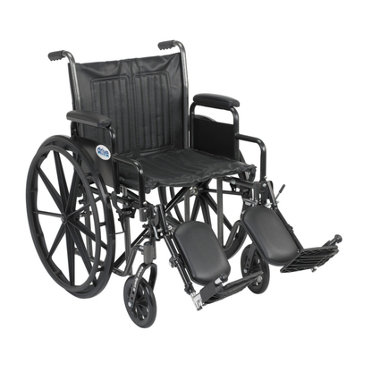 The Drive Medical Silver Sport 2 Wheelchair in black features a padded seat and backrest, large rear wheels, small front wheels, armrests, and elevated footrests.
