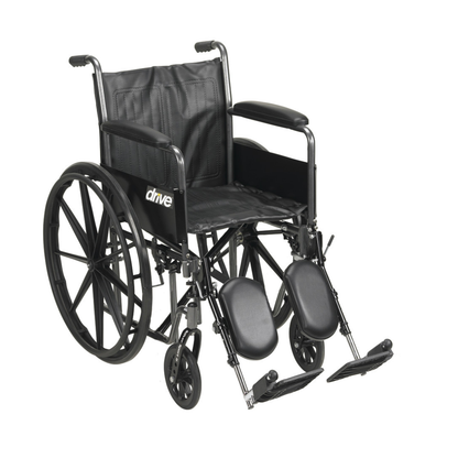 The Drive Medical Silver Sport 2 Wheelchair is black, features large rear wheels, small front wheels, padded armrests, footrests, and "Drive" branding on the seat.