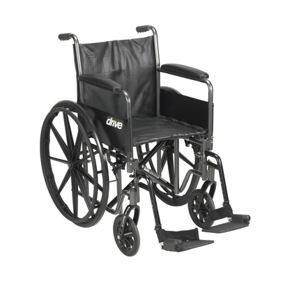 The Drive Medical Silver Sport 2 Wheelchair features large rear wheels, small front wheels, footrests, armrests, and a black seat and backrest. The brand name "drive" appears on the side of this manual wheelchair.
