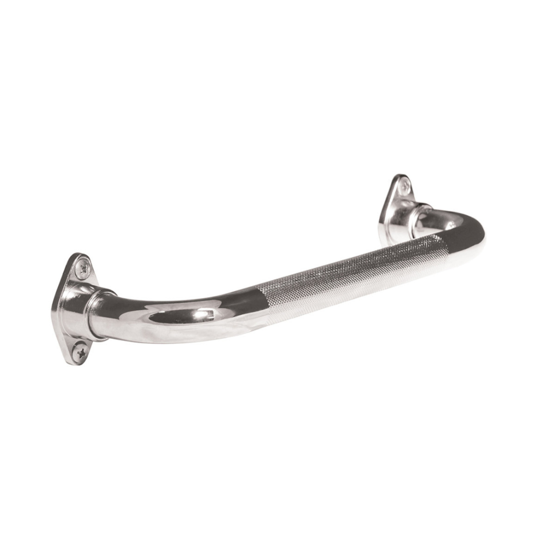 The Drive AquaSense Knurled Chrome Grab Bar with Rotating Flange features a textured grip and dual mounting plates, providing enhanced bathroom safety and support in any space.