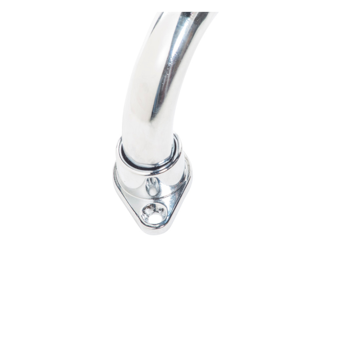 Close-up of the Drive AquaSense Knurled Chrome Grab Bar with Rotating Flange, featuring a curved, shiny metal design and triangular wall plate with two screw holes for secure, safe bathroom installation.