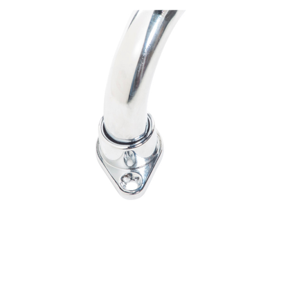 Close-up of the Drive AquaSense Knurled Chrome Grab Bar with Rotating Flange, featuring a curved, shiny metal design and triangular wall plate with two screw holes for secure, safe bathroom installation.