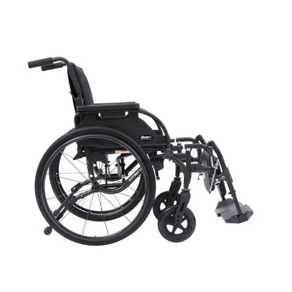 The Drive Nitro Cruise Wheelchairs | Ultralight & Portable is a black 28 lb aluminum wheelchair with large rear wheels, small front wheels, extended footrests, and a mesh backrest shown in side view on a white background.
