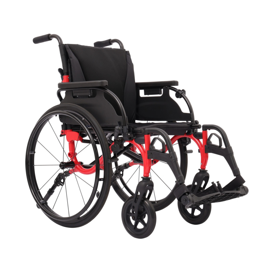 The Drive Nitro Cruise Wheelchairs | Ultralight & Portable features a black seat and backrest, red aluminum frame, large rear wheels, small front wheels, and adjustable footrests against a white background.