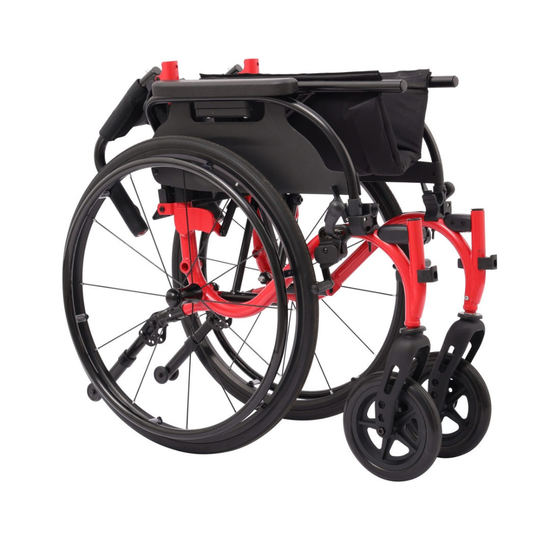 The Drive Nitro Cruise Wheelchairs | Ultralight & Portable is shown folded for compact storage, featuring large rear wheels, small front casters, and a durable red-and-black frame weighing only 28 lbs.