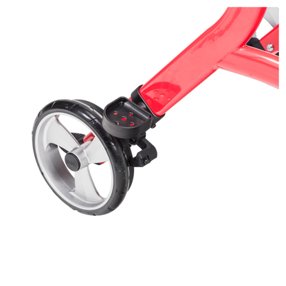 Close-up of a Cane Holder for Drive Nitro Sprint Rollators, in black and silver, attached to the red frame of a child's bicycle.