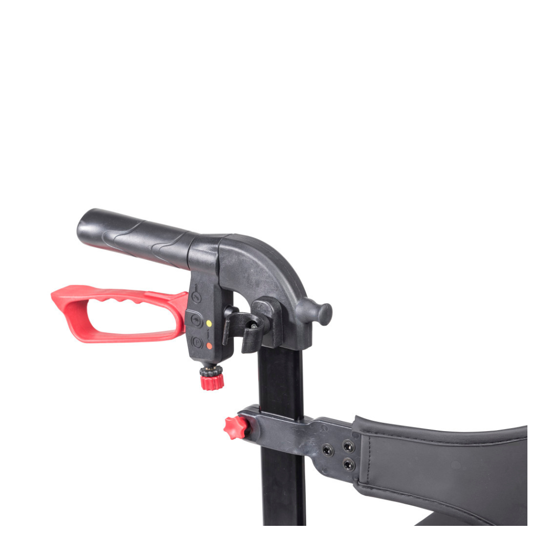 Close-up of a black and red Cane Holder attached to a metal frame, featuring its locking mechanism and adjustment knob—an ideal accessory for Drive Nitro Sprint Rollators.