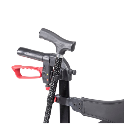 Close-up of the Cane Holder for Drive Nitro Sprint Rollators, featuring a red brake lever, ergonomic handle, and a black-and-white patterned cane holder attachment against a white background.