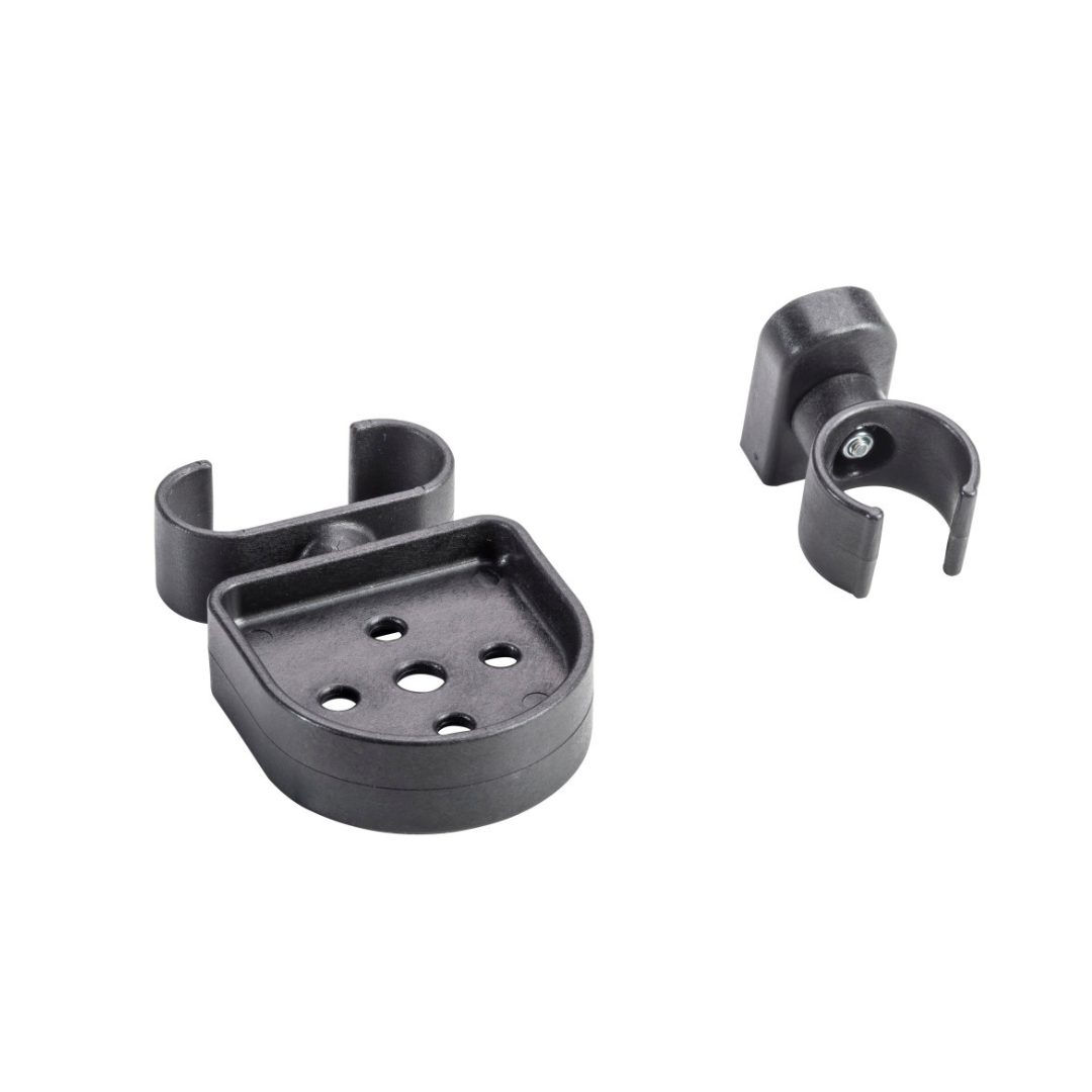 The Cane Holder For Drive Nitro Sprint Rollators includes two black plastic brackets—one large and flat, one small and rounded—with circular clips and multiple holes, designed to securely hold canes or cylindrical items on your rollator.