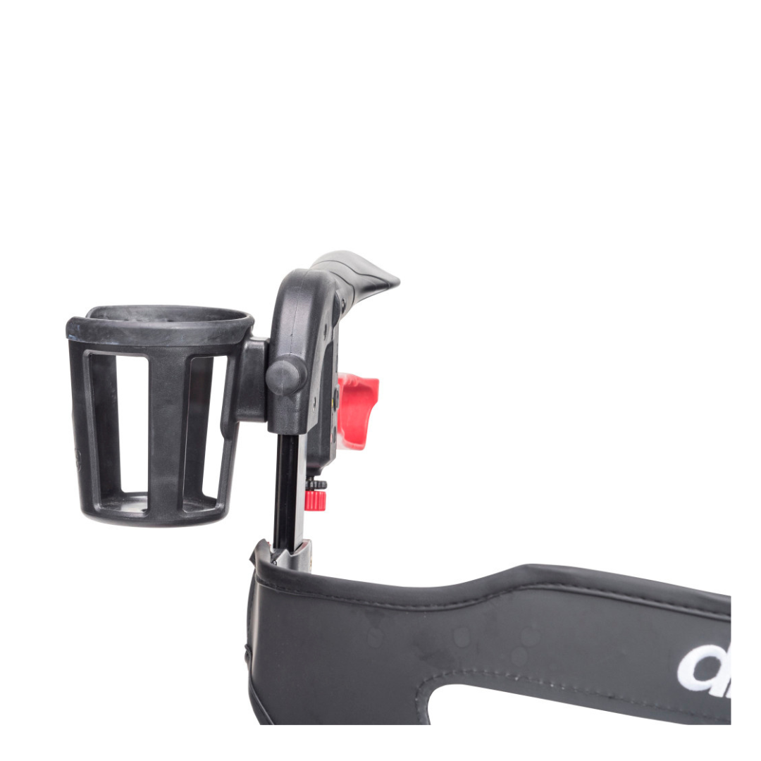 A close-up of the Cup Holder For Drive Nitro Sprint Rollators, featuring a black accessory-mount with a red adjustment knob attached to the rollator, shown against a white background.