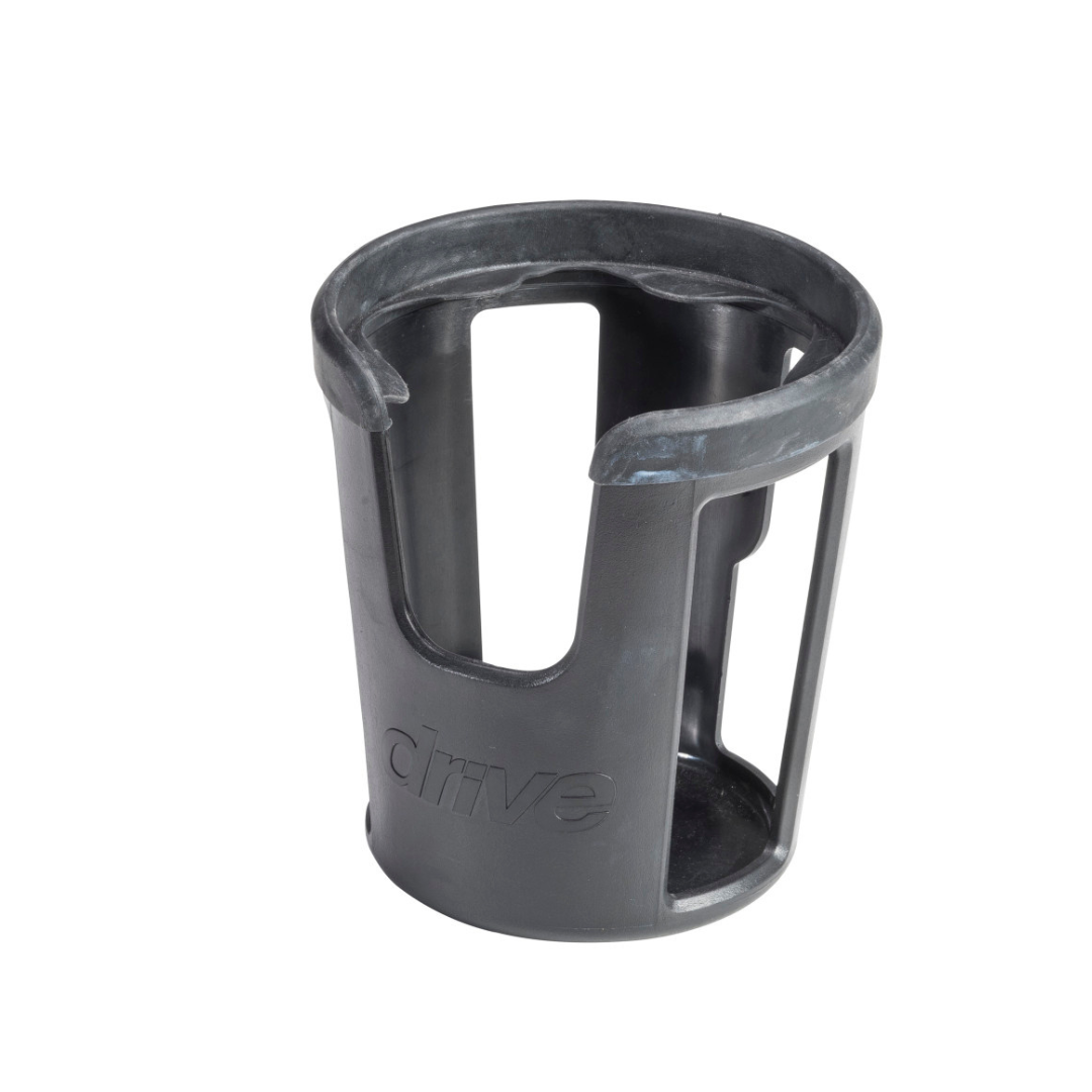 The Cup Holder for Drive Nitro Sprint Rollators is a black plastic accessory mount with open sides, a handle cut-out, and the word "drive" embossed on the front.