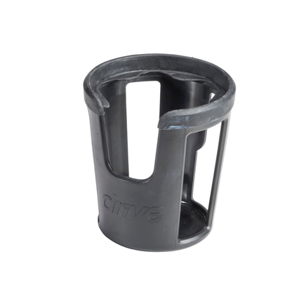 The Cup Holder for Drive Nitro Sprint Rollators is a black plastic accessory mount with open sides, a handle cut-out, and the word "drive" embossed on the front.