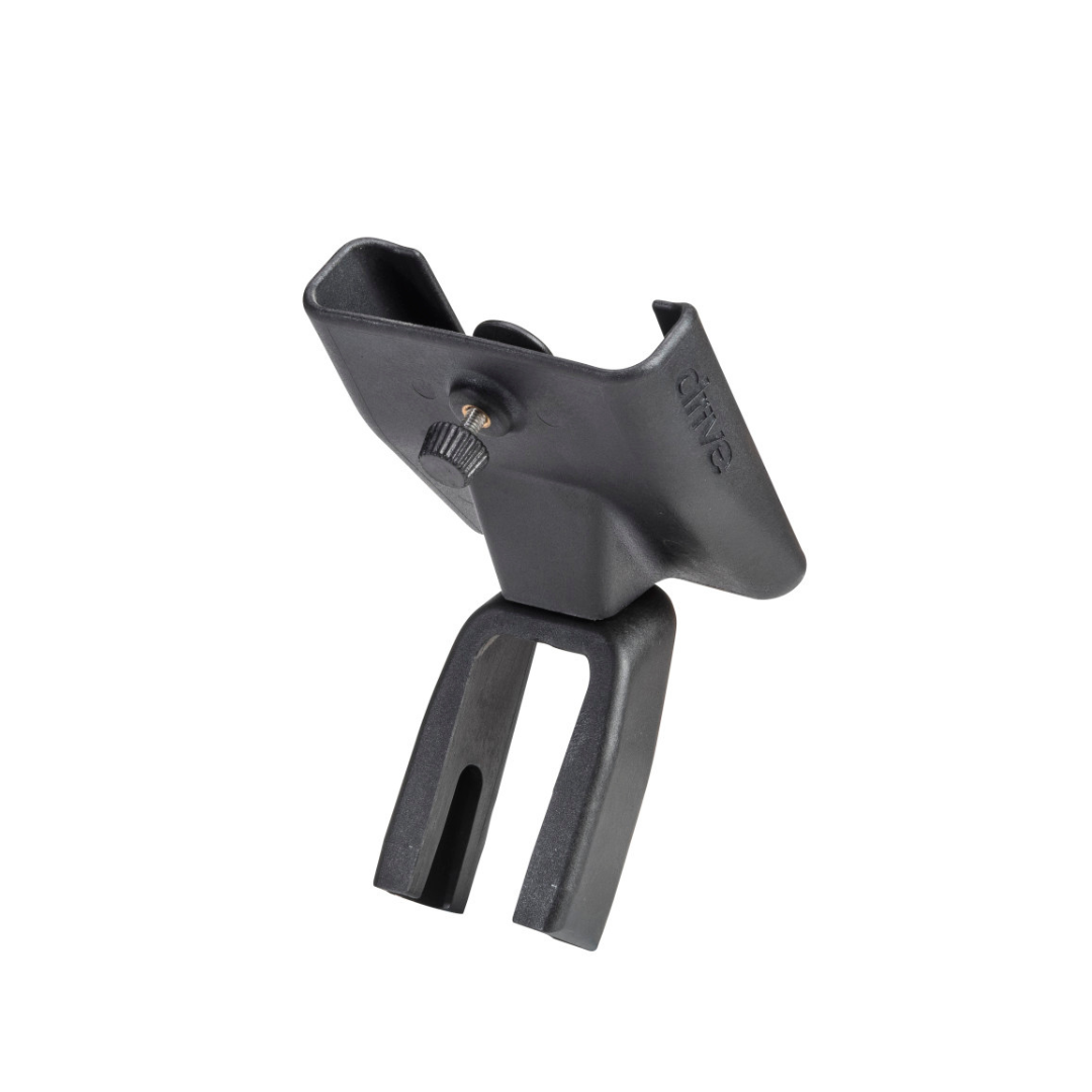 A black plastic Cell Phone Holder for Drive Nitro, Sprint, and Glide Rollators features a clamping mechanism, central tightening screw, and two-pronged legs. It is shown on a white background as a universal rollator accessory.