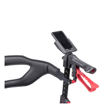 A close-up of the Cell Phone Holder for Drive Nitro Sprint and Glide Rollators displays a black phone secured to a walker handle with ergonomic grips and a red accessory, highlighting this universal rollator accessory on a white background.