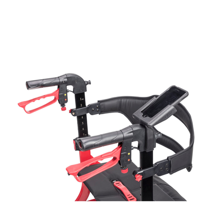 Close-up of the handles and upper backrest of a mobility aid, featuring black and red handles with adjustable height markers, plus a Cell Phone Holder For Drive Nitro Sprint and Glide Rollators mounted on the right handle.