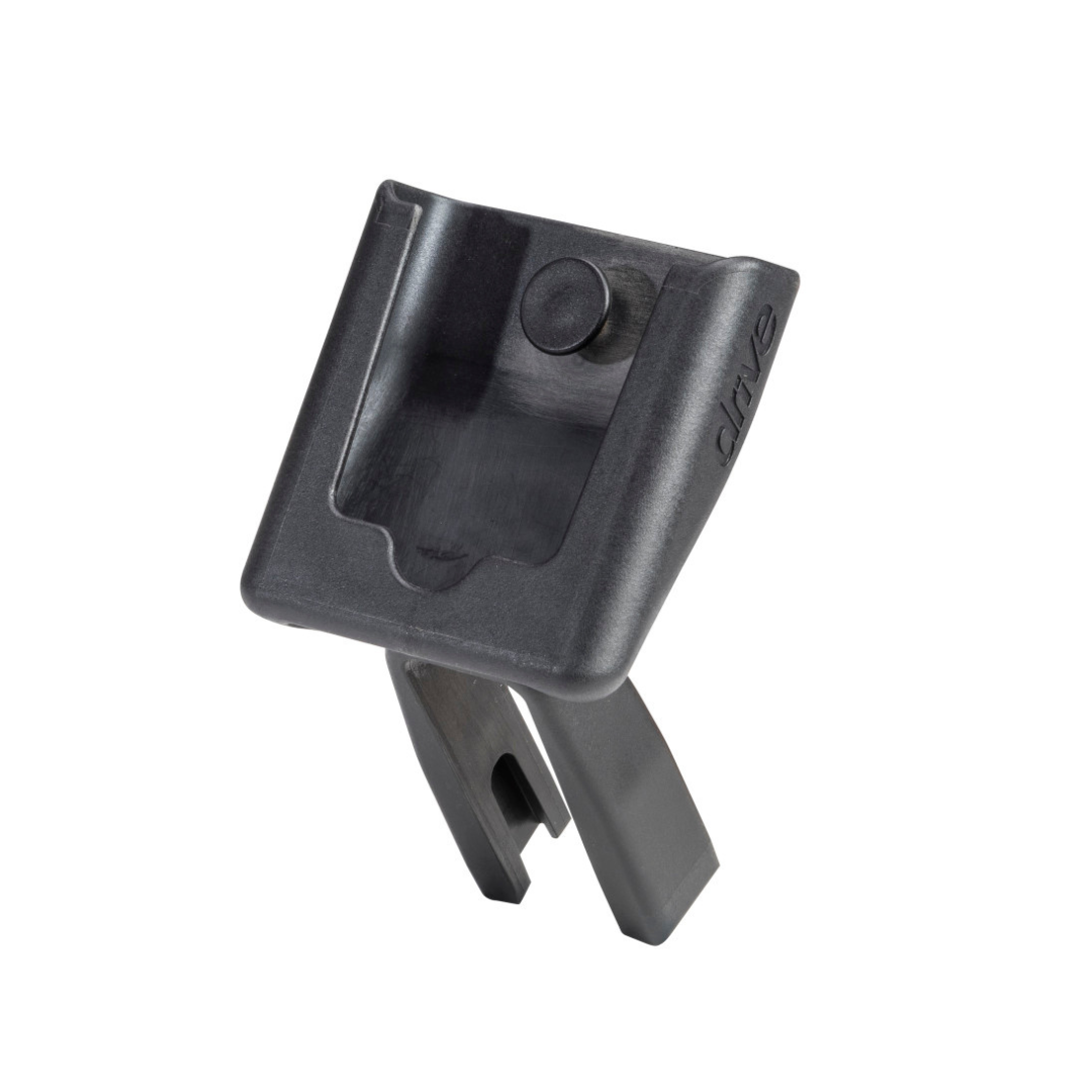 A Cell Phone Holder for Drive Nitro Sprint and Glide Rollators, made of black plastic with a rectangular holder and curved slot, designed as a universal accessory, shown on a white background.