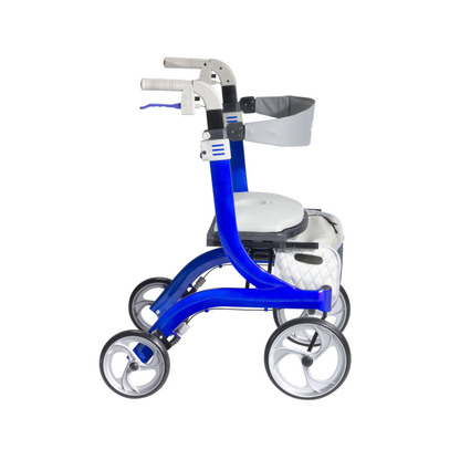The Drive Nitro® DLX Rollator, a modern blue and white walker with four wheels, padded seat, storage bag beneath, and ergonomic handles, offers a stylish mobility solution; shown on a white background.