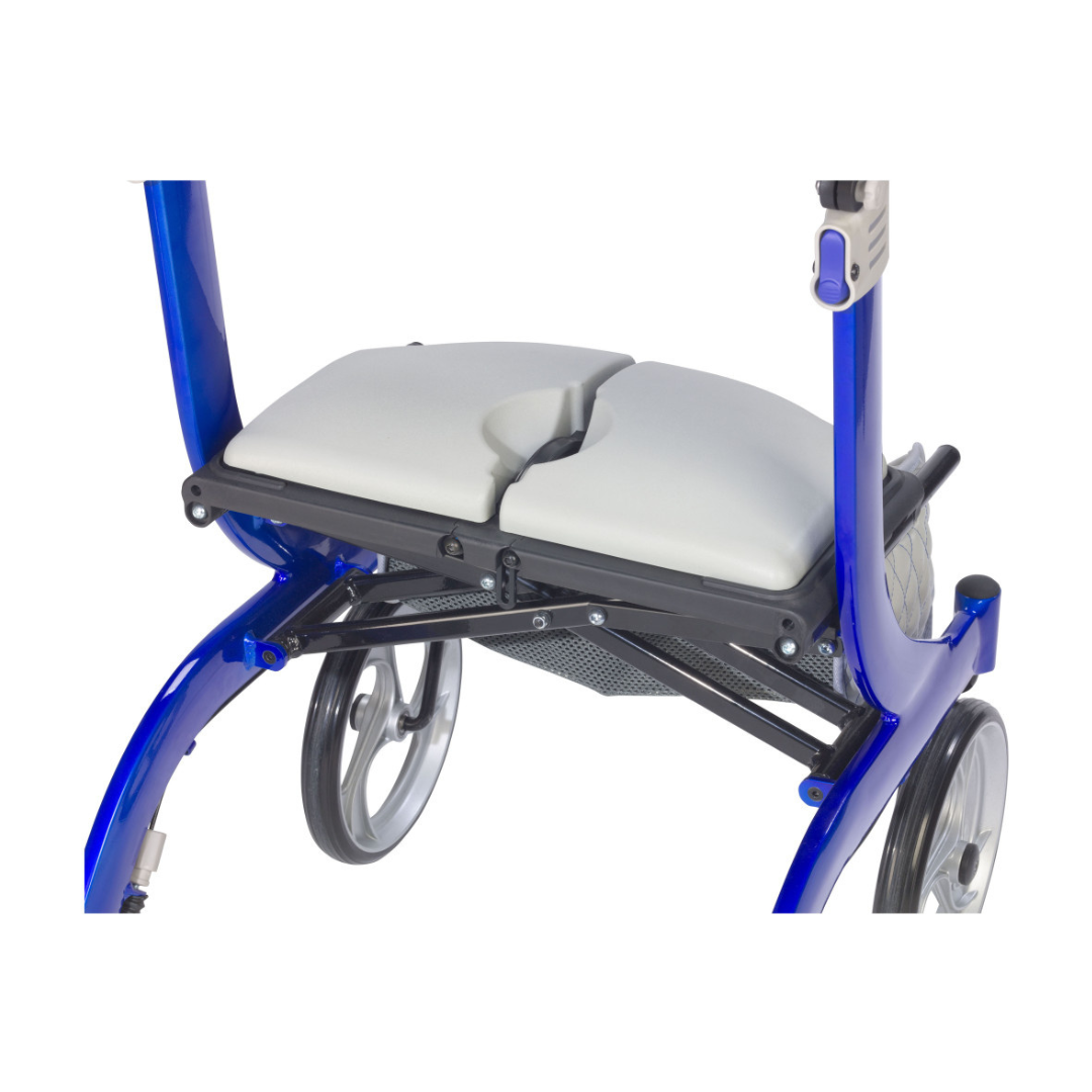 A close-up of the Drive Nitro® DLX Rollator, a blue foldable walker featuring a cushioned split seat and large wheels, designed for optimal mobility.