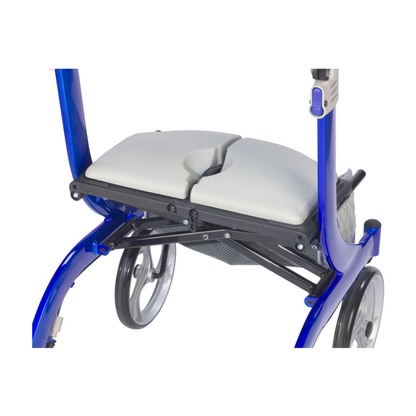 A close-up of the Drive Nitro® DLX Rollator, a blue foldable walker featuring a cushioned split seat and large wheels, designed for optimal mobility.