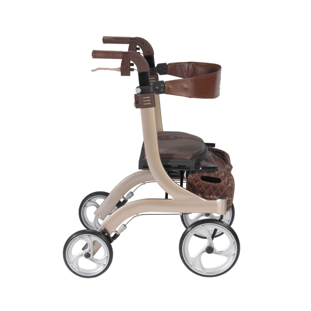 The Drive Nitro® DLX Rollator, shown in beige and brown from a side view against a white background, features four large wheels, curved handles, a padded seat, and a storage basket—an ideal modern mobility solution.