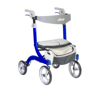 The Drive Nitro® DLX Rollator is a blue four-wheeled walker featuring a padded seat, storage pouch, gray handlebars, and a front gray crossbar labeled "drive" for convenient mobility.