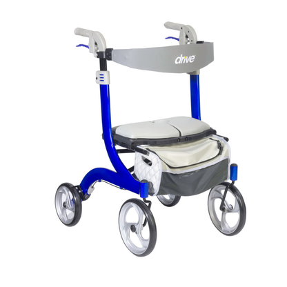 The Drive Nitro® DLX Rollator is a blue four-wheeled walker featuring a padded seat, storage pouch, gray handlebars, and a front gray crossbar labeled "drive" for convenient mobility.