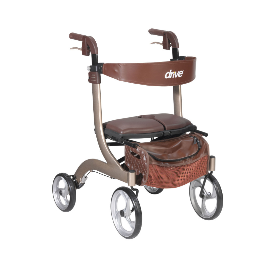 The Drive Nitro® DLX Rollator is a brown and beige foldable walker with a cushioned seat, curved backrest, adjustable handles, and an underseat storage pouch—perfect for easy everyday mobility.