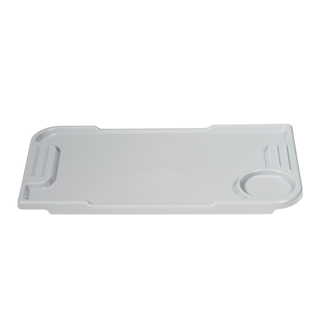 The Tray for Drive Nitro® Sprint Rollators is a rectangular, white plastic tray with raised edges, corner grooves, and a molded cup holder on one side for convenient use.