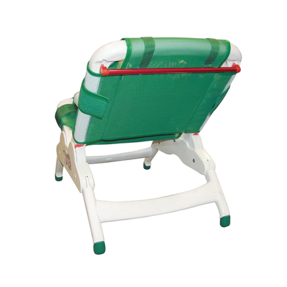 A green and white folding beach chair with a green mesh seat and backrest, white plastic frame, and red support bar, resembling the Drive Otter Bathing System - Waterproof Reclining Chairs designed for safe bathing.
