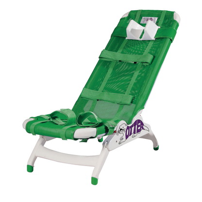 The Drive Otter Bathing System - Waterproof Reclining Chair features a green mesh seat, adjustable straps, head support, and a white frame for safe bathing.