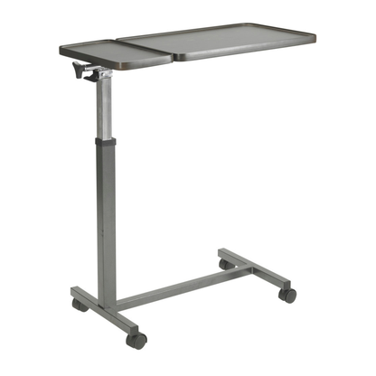 The Drive Overbed Table with Double Top & Tilt features a split, tilting tabletop, sturdy metal frame, four caster wheels, and a convenient height adjustment lever.