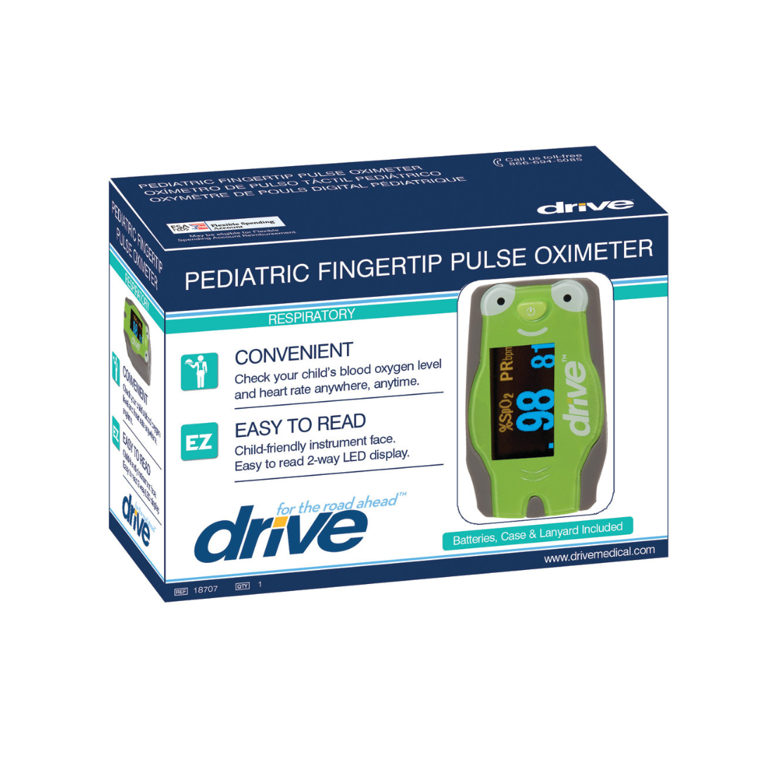 The Drive Pediatric Fingertip Pulse Oximeter has a child-friendly design, easy-to-read digital display, and includes batteries, case, and lanyard for added convenience.