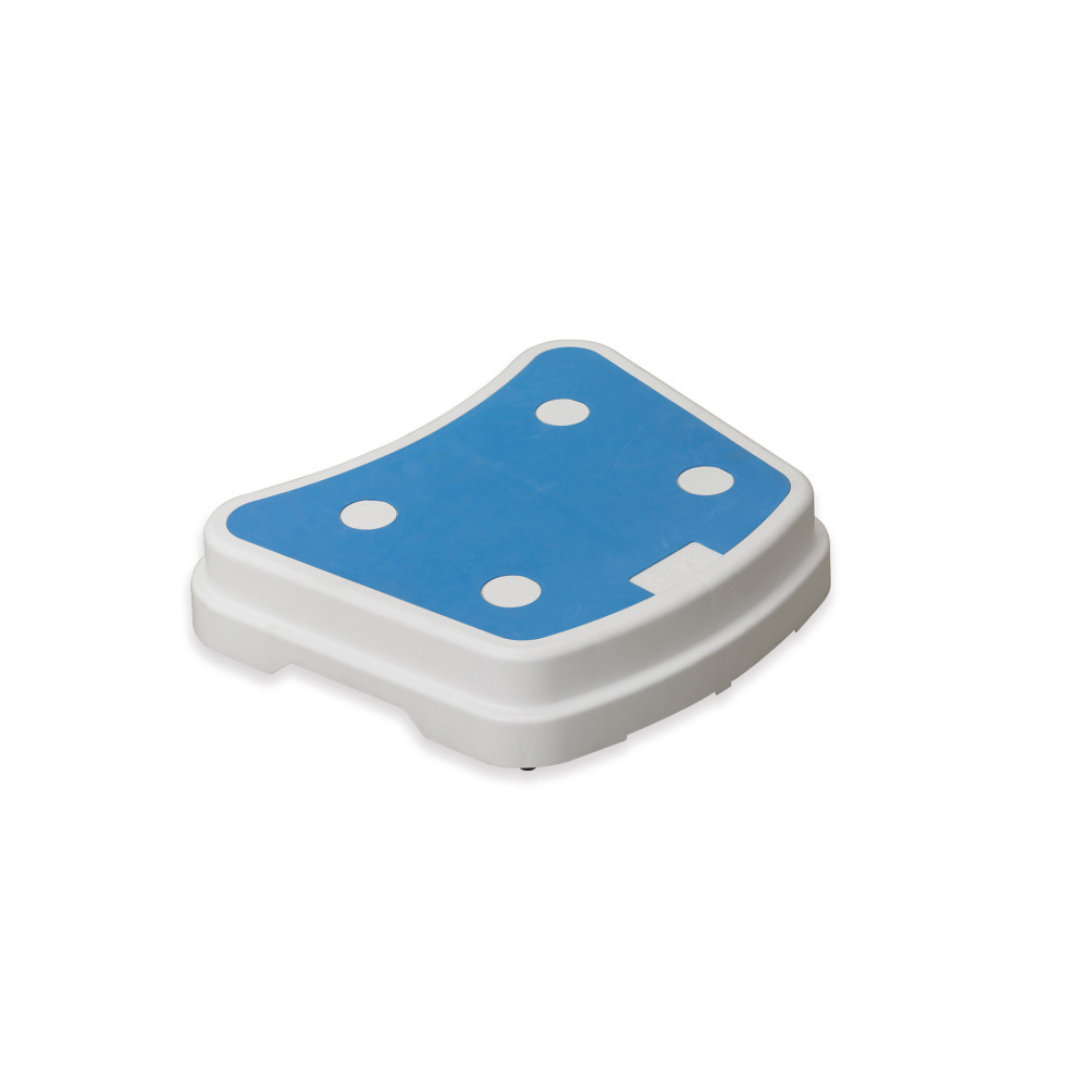 The Drive Portable Bath Step – Stackable Bathtub Safety Steps is a white plastic step with a blue, non-slip top and four circular grip pads, ideal for safer bathing. Shown here on a plain white background.