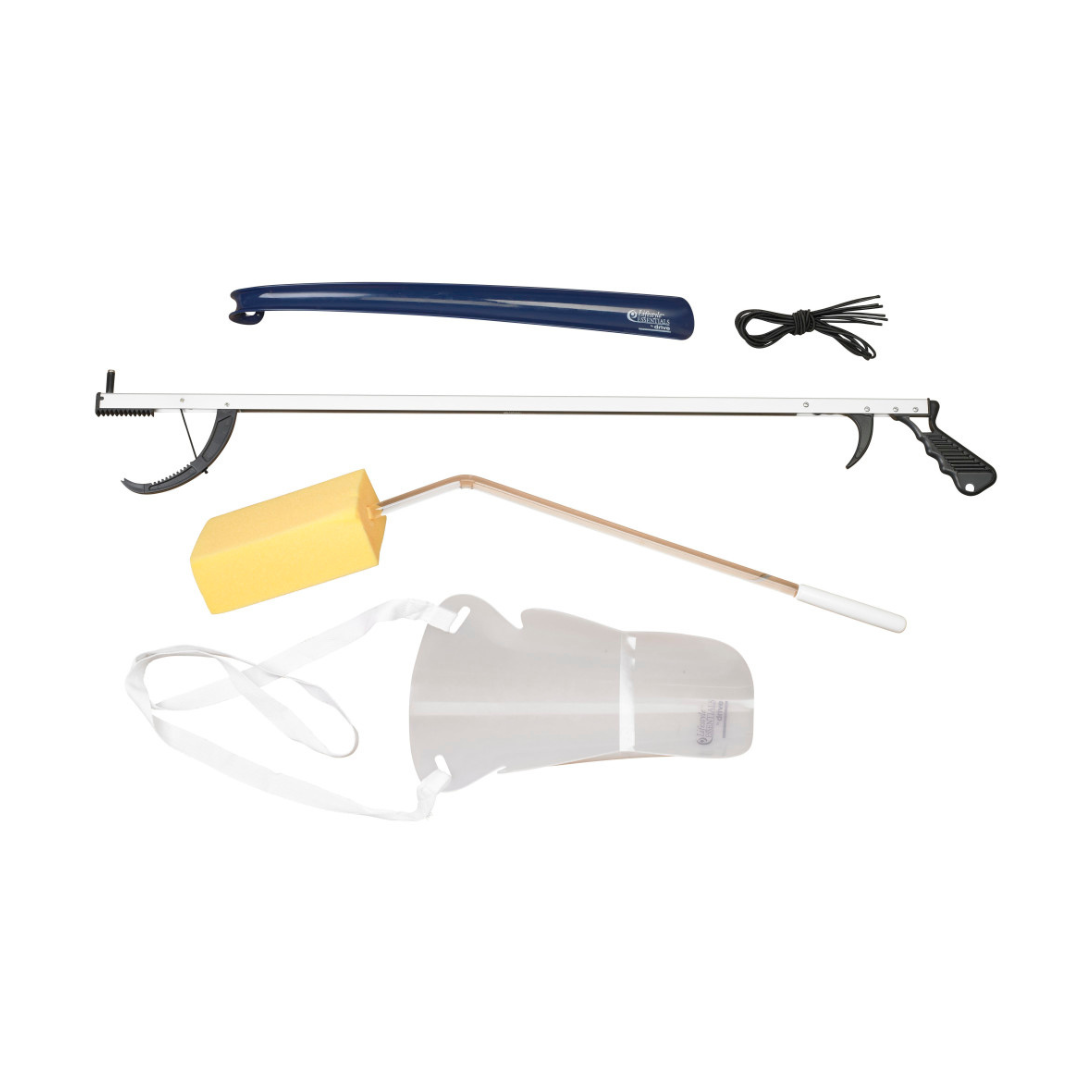 The Drive Post-Surgery Hip Kit includes a blue shoehorn, black elastic shoelaces, long reach grabber, sponge with long handle, and plastic sock aid with white straps, displayed on a white background.