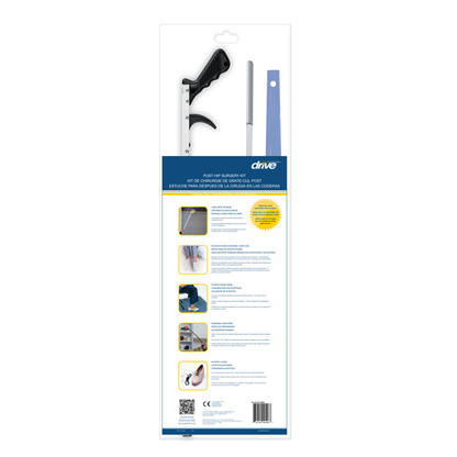 Back view of the Drive Post-Surgery Hip Kit package showing hip replacement aids—a reacher grabber tool, blue and white shoehorn—and illustrated instructions with descriptions in English and Spanish.