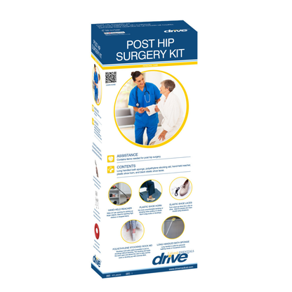The Drive Post-Surgery Hip Kit comes in a tall rectangular box with photos of included daily living aids, such as a reacher and sock aid, plus images of a doctor with a patient to support hip replacement recovery.