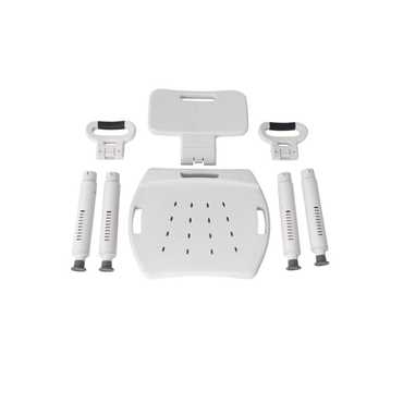 The Drive Premium Series Shower Chair with Back and Arms is shown disassembled on a white background, featuring a white seat with drainage holes and handles, backrest, two armrests, and four adjustable legs.