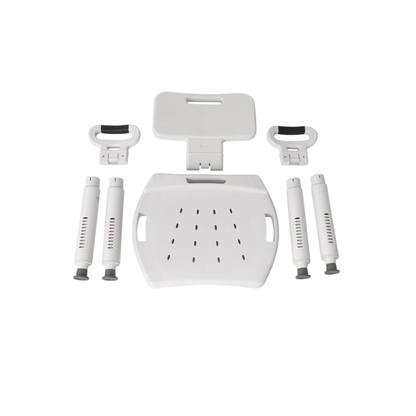 The Drive Premium Series Shower Chair with Back and Arms is shown disassembled on a white background, featuring a white seat with drainage holes and handles, backrest, two armrests, and four adjustable legs.