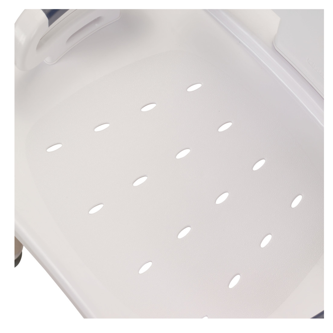 Close-up of the Drive Premium Series Shower Chair with Back and Arms for seniors, featuring a white textured seat with small oval drainage holes for added safety and comfort.