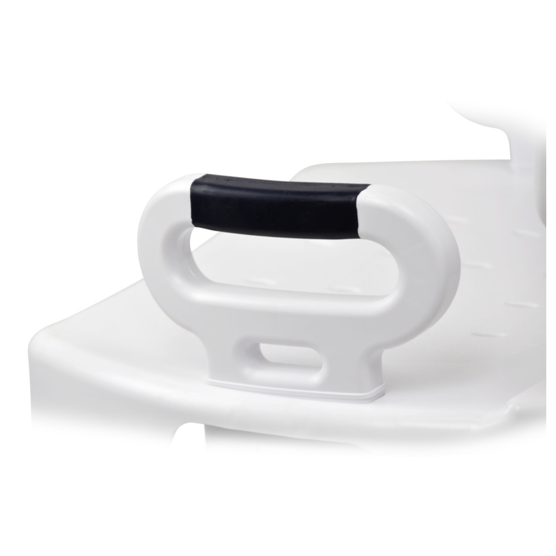 Close-up of a white plastic handle with black grip on the Drive Premium Series Shower Chair with Back and Arms—a safety support feature for seniors during bathing.