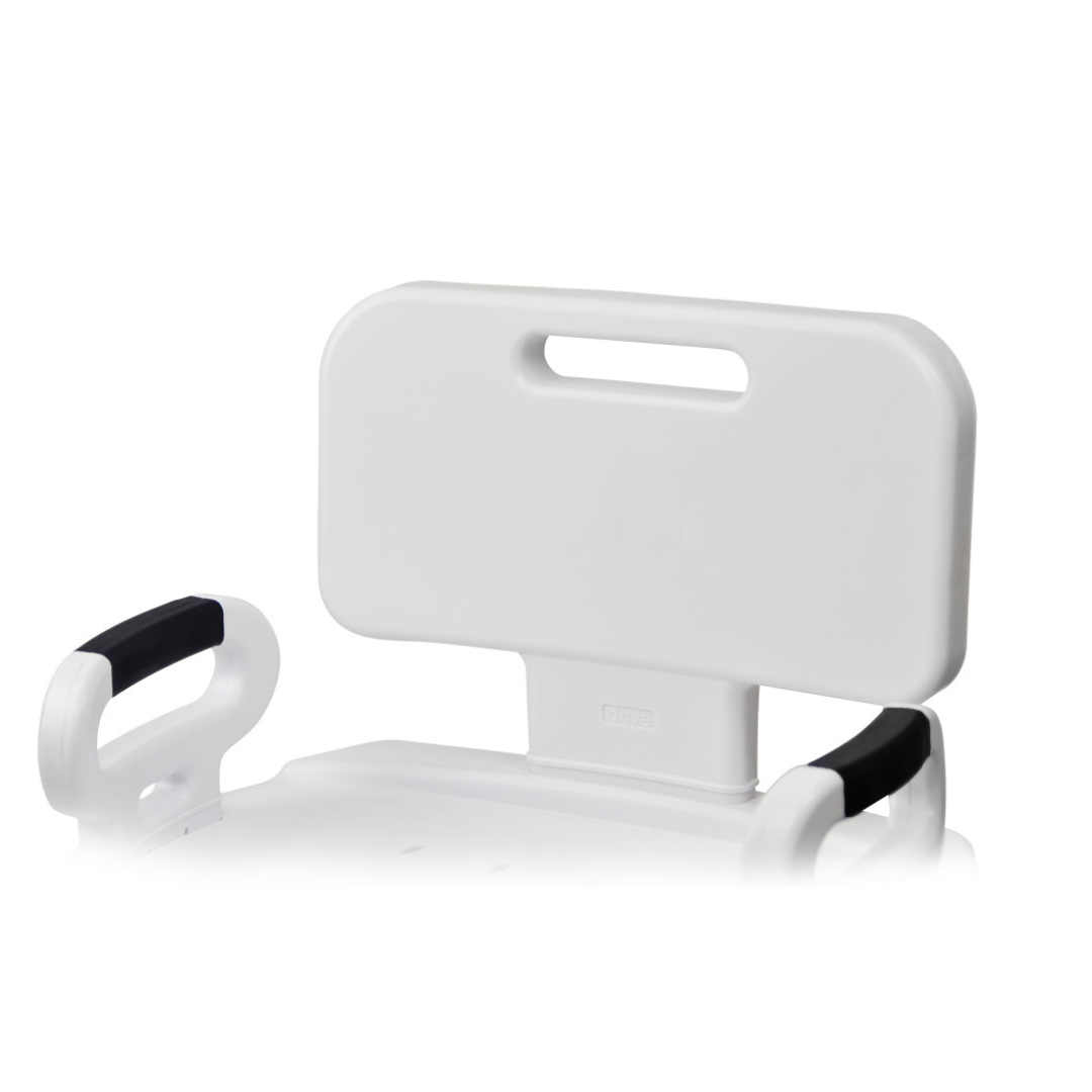 A close-up of the Drive Premium Series Shower Chair with Back and Arms, featuring a white bench, rectangular cutout handle on the backrest, and two armrests with black grips for support and comfort.