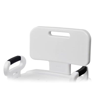 A close-up of the Drive Premium Series Shower Chair with Back and Arms, featuring a white bench, rectangular cutout handle on the backrest, and two armrests with black grips for support and comfort.