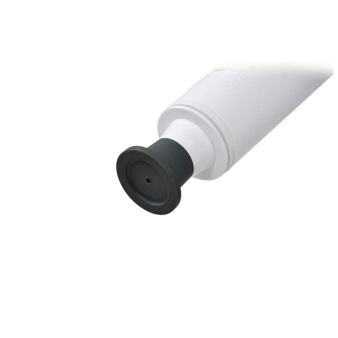 A close-up of a white tube with a black, flat cap is shown on a plain background, ideal for use near the Drive Premium Series Shower Chair with Back and Arms.