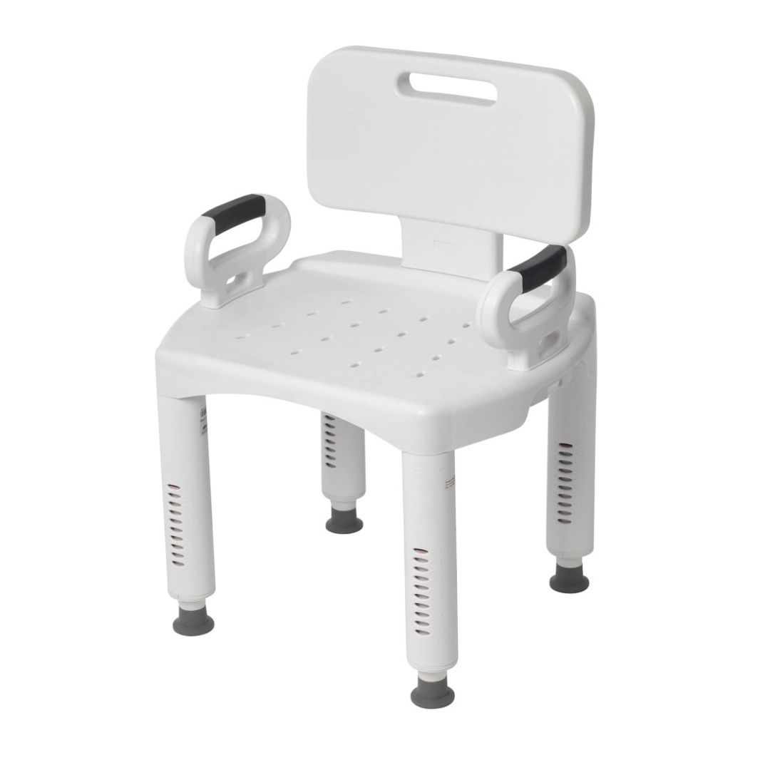 The Drive Premium Series Shower Chair with Back and Arms features a white adjustable design, cutout handles, non-slip feet, and sturdy construction for safe, supportive bathing—ideal as an adult bath bench.