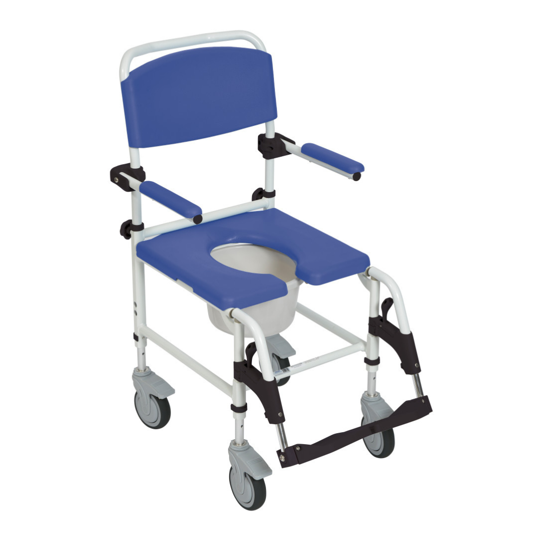 The Drive Medical 3-in-1 Rolling Shower Chair Commode features a blue and white mobile design, armrests, padded seat with toilet opening, removable bucket, footrests, and four caster wheels for easy movement.