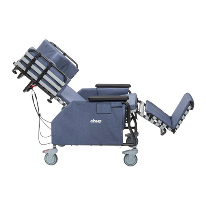 The Drive Rose Comfort Max Tilt and Recline Chair with Casters is a blue chair featuring full recline, elevated leg rest, tilted backrest, padded armrests, adjustable comfort sections, 400 lb weight capacity—ideal for long-term care facilities.