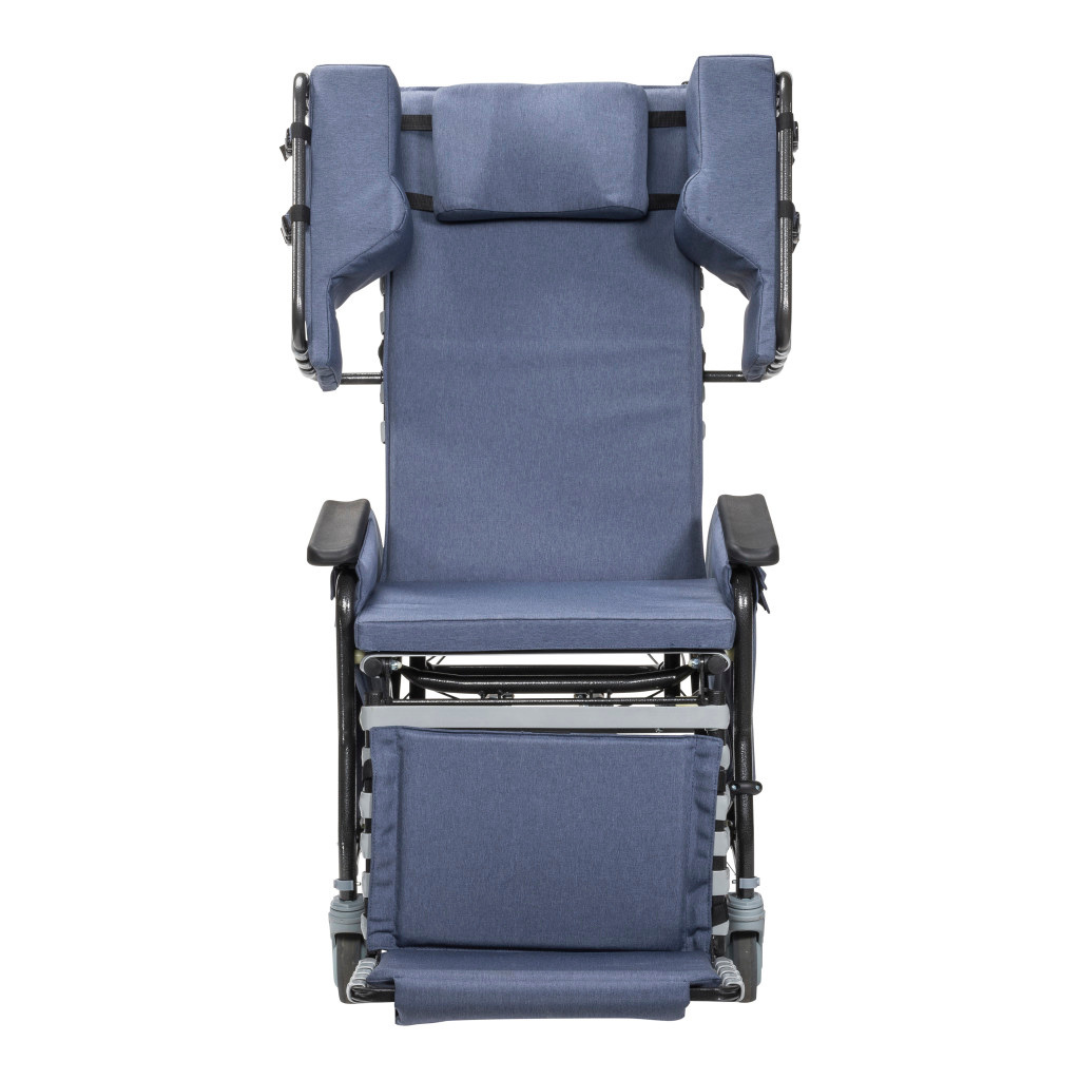 The Drive Rose Comfort Max Tilt and Recline Chair with Casters is a blue padded chair featuring elevated leg support, adjustable armrests, and a contoured headrest; shown front-facing on white—ideal for long-term care facilities.
